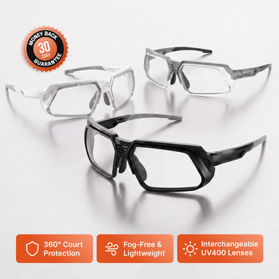 Three pairs of sports sunglasses with different frame colors (white, translucent gray, and black) are displayed on a reflective light gray surface. The image includes promotional badges: a '30 Day Money Back Guarantee' circle in the top left and three orange feature icons at the bottom highlighting '360° Court Protection', 'Fog-Free & Lightweight', and 'Interchangeable UV400 Lenses'.