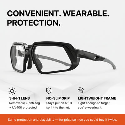 Black 3-in-1 sports glasses with clear lenses, shown on a light gray background with marketing text highlighting features like 3-in-1 lens protection, no-slip grip, and lightweight frame.