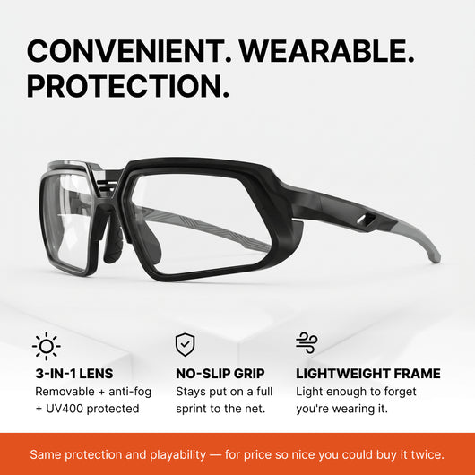 Black 3-in-1 sports glasses with clear lenses, shown on a light gray background with marketing text highlighting features like 3-in-1 lens protection, no-slip grip, and lightweight frame.