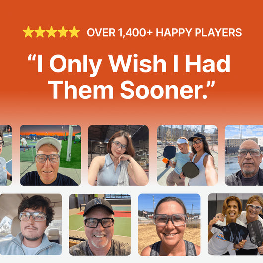 Promotional graphic with an orange gradient background, five gold stars, the text 'OVER 1,400+ HAPPY PLAYERS' and the quote 'I Only Wish I Had Them Sooner.' Below the text is a grid of small photos of people playing paddle sports and smiling.